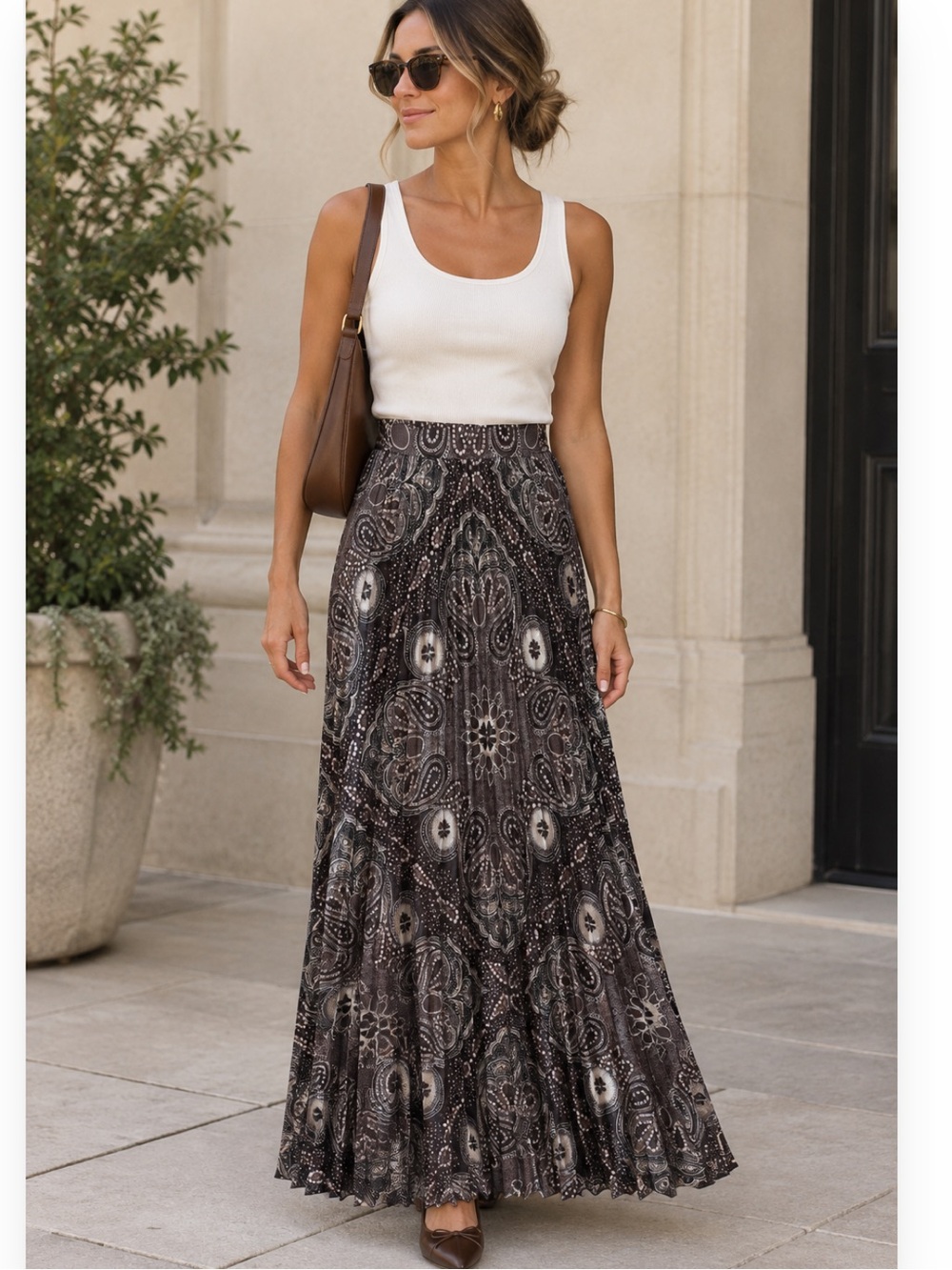 Elie Tahari Brown, Purple, and Cream Paisley-Print Pleated Maxi Skirt
